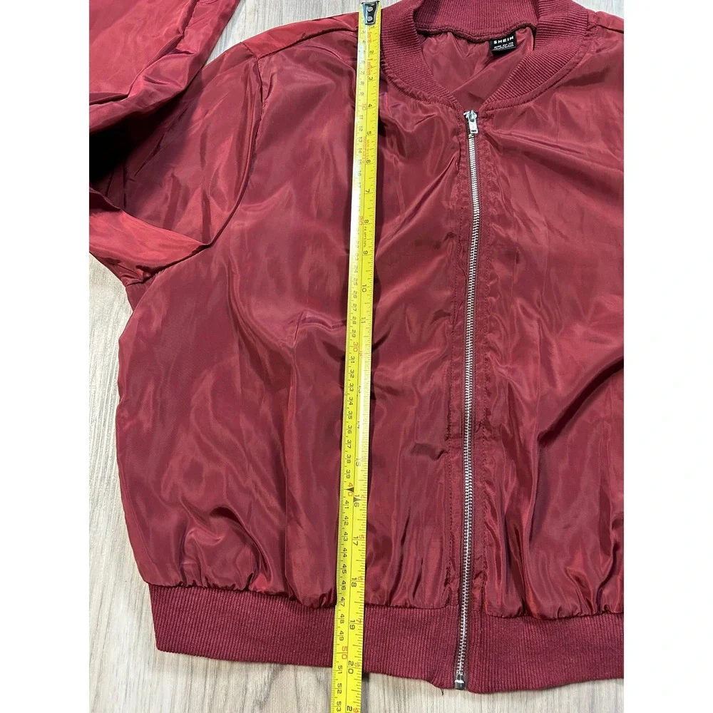 SHEIN Burgundy Red Bomber Jacket Full Zip Side Pocket Ribbed Cuffs Womens Size L